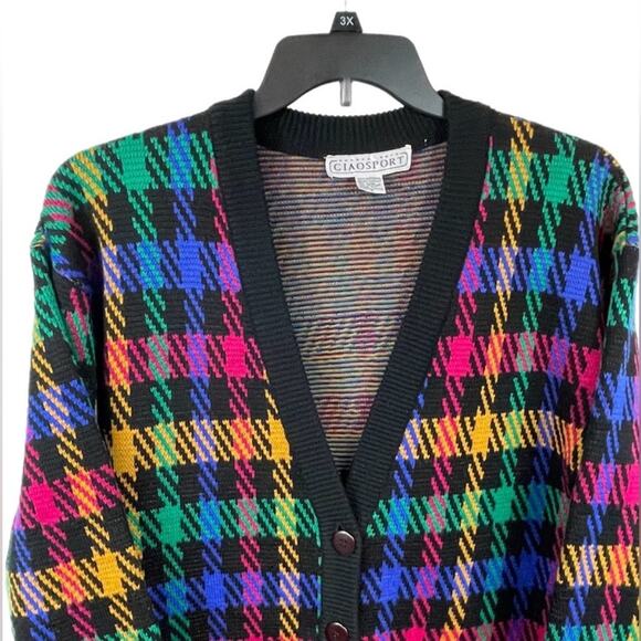 Vintage 100% Lambswool Plaid Cardigan Sweater Small Black Multicolor V-Neck - Picture 4 of 13
